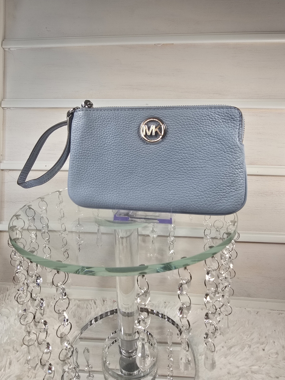 Michael Kors Light Blue Pebbled Leather Wristlet with MK Logo